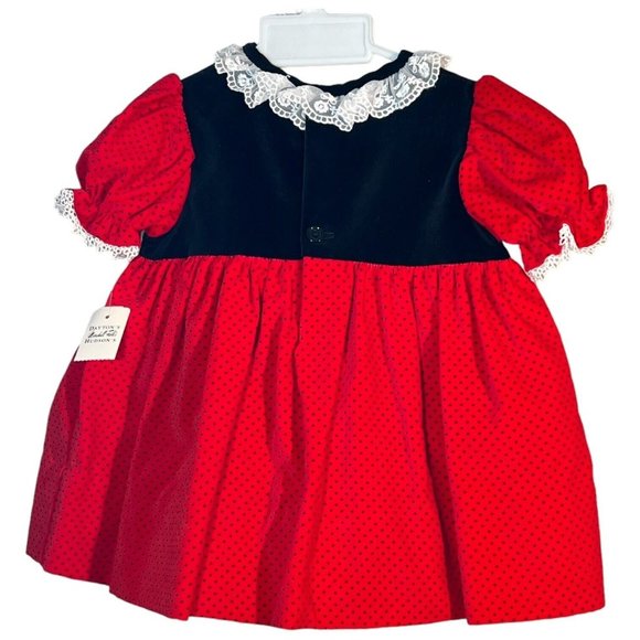 New Toddler Girl Red Dress Size 18 Month Velvet Black Rose Lace Polka Dot VTG - Picture 2 of 6